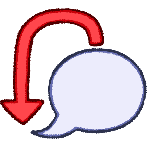  an off white speech bubble with a red arrow pointing down behind it